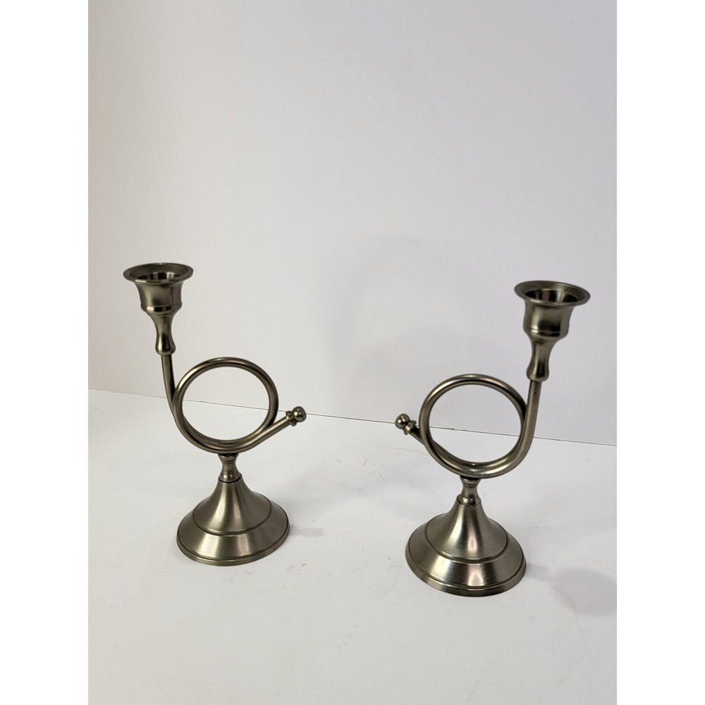 Vintage French Horn Candlestick Holders Pair Brushed Metal Taper India 7 Inch